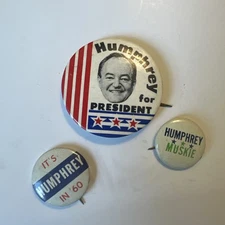 Three Vintage Herbert Humphrey Presidential Campaign Pin Buttons