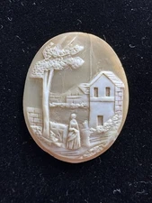 ANTIQUE Victorian LOOSE CARVED SHELL CAMEO Carving FARM SCENIC Woman & Tree