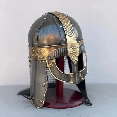 Wikinger-Gjermundbu-Helm, angelsächsischer Rüstungshelm mit Kettenhemd und Ständ - Bild 1 von 4