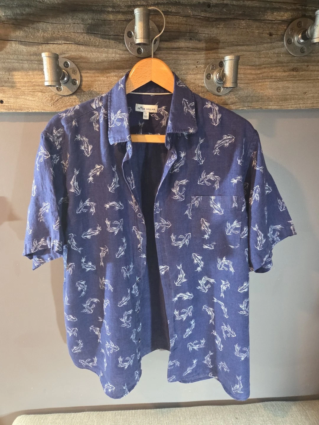 Peter Millar Men's Linen Shirt Blue, Short Sleeve,koi Print, Large Button-Up