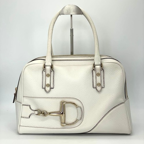 GUCCI Horsebit Leather Shoulder Bag White Authentic Large Handbag AB Condition