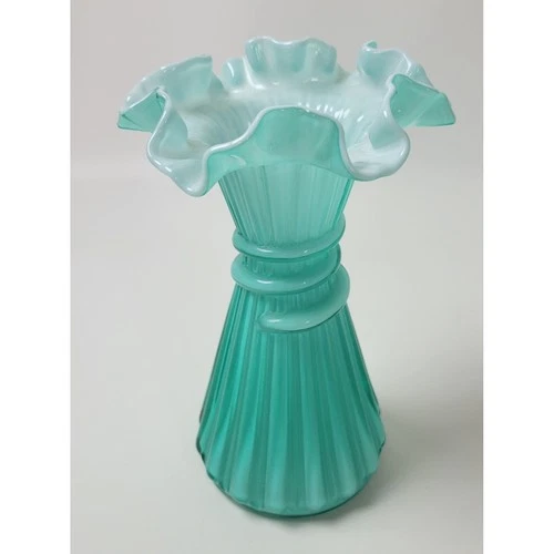 New ListingFenton Stacked Wheat Teal Opalescent Ruffled Art Glass Vase 7.25" MCM Vintage