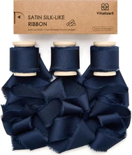 Silk Satin Ribbon 1 Inch x 15 Yard Wooden Spool Navy Blue Handmade Frayed Ribbon