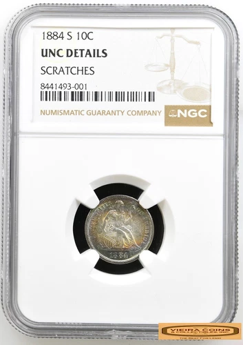 1884-S Liberty Seated Silver Dime, NGC UNC Details Scratches, Toned - #B58386