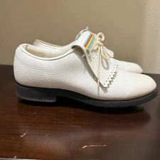 Vintage Size 8 White Leather Sand Trap Golf Shoes with Rainbow Detail