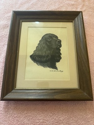 Vintage Black Cocker Spaniel Dog Pastel Pencil Sketch 10x12~Signed NB Hemsley