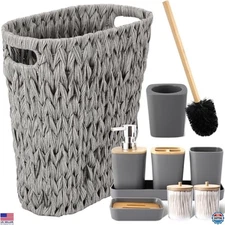 Grey Bathroom Accessories Set with Wicker Trash Can & Small Waste Basket