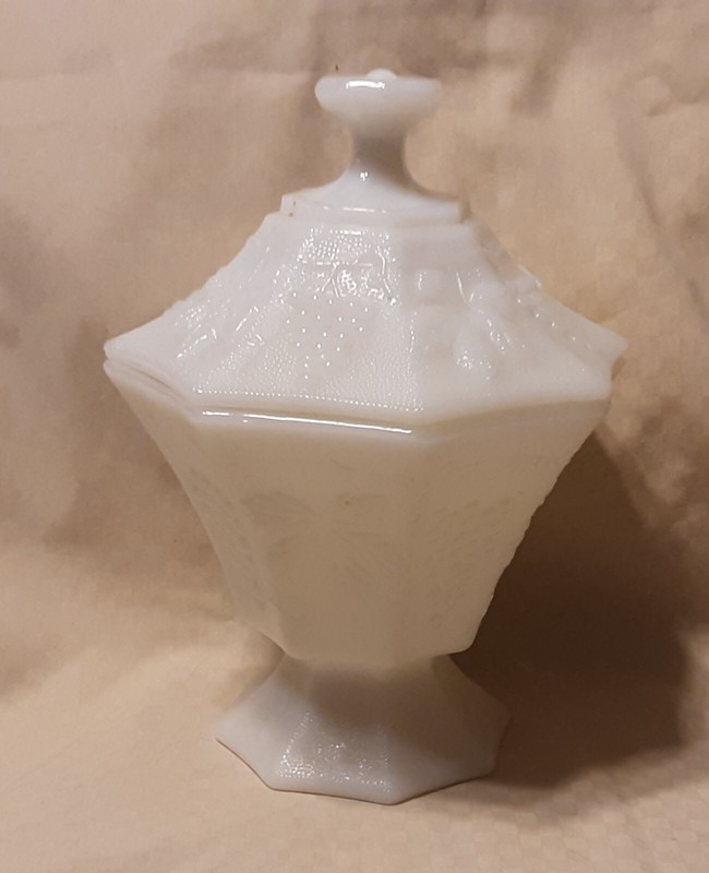 Vintage Octagonal Milk Glass Pedestal Covered Candy Dish