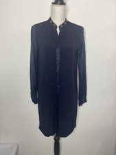 Michael Kors Women's Button Up Small Navy Blue V Neck Long Sleeve Dress