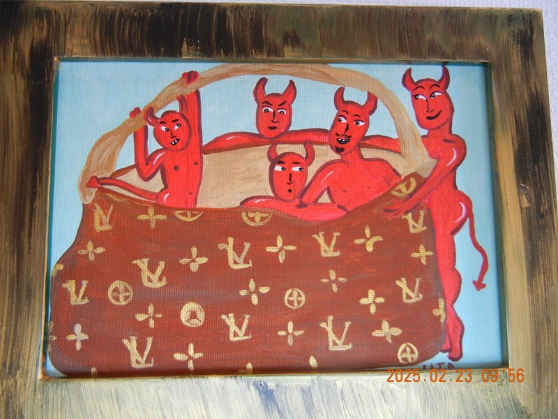 Original 5 x 7 in Hell in a handbag painting OOAK Louis Vuitton devils