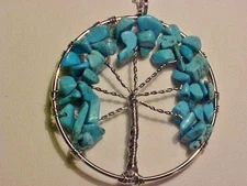 W-157 TOURQUOISE GEM STONE CHIPS "TREE OF LIFE" ROUND SHAPE PENDANT NECKLACE USA