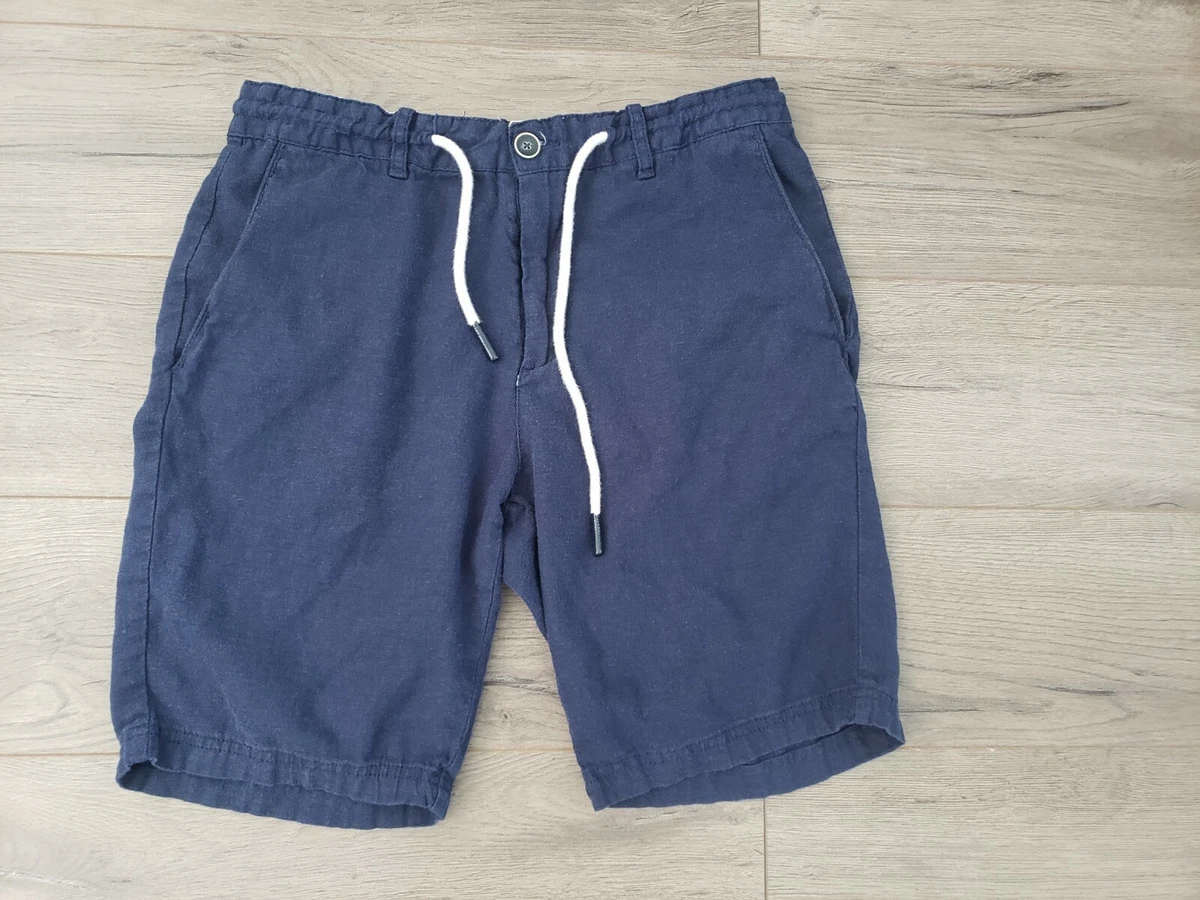 Zara Man Linen Blend Navy Shorts With Drawstring In Medium