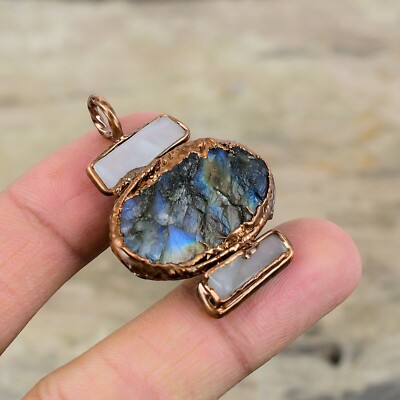 Labradorite Rough Gemstone Jewelry Copper Electroformed Pendant For Girls 1.73''