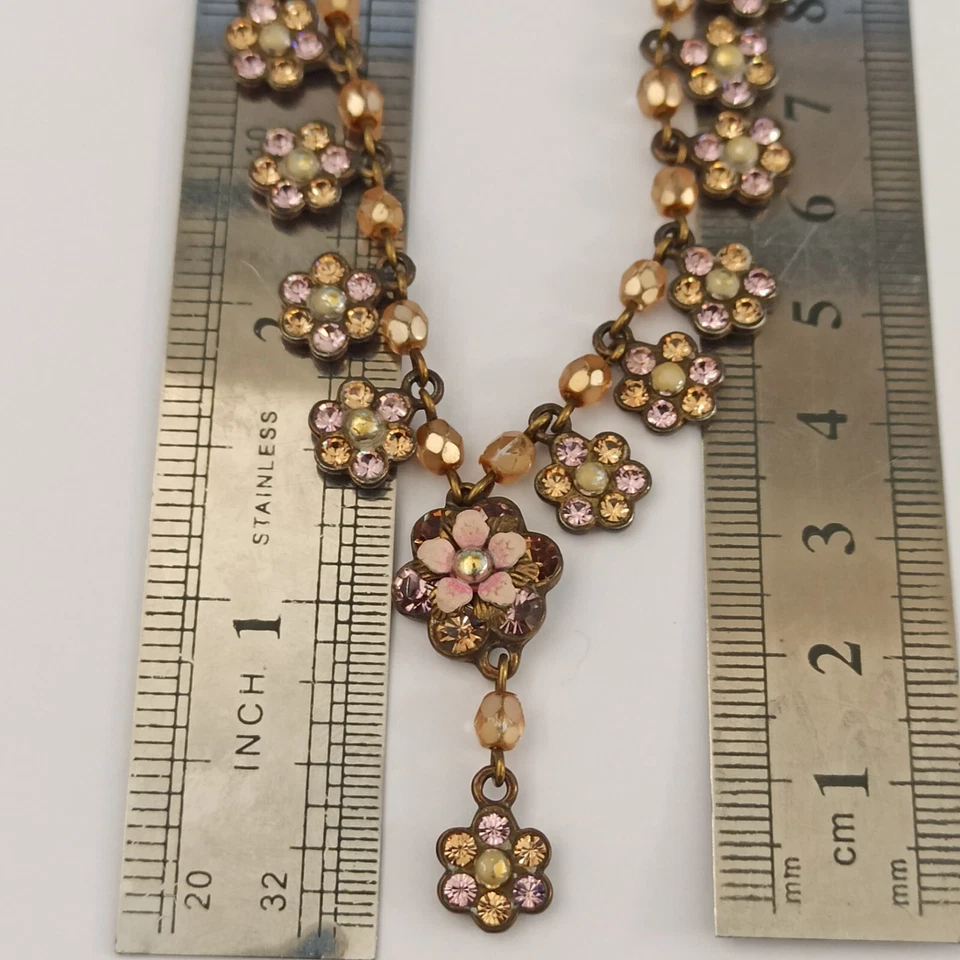 Collar Michal Negrin Beige Rosa Gota en Y Cristales Cuentas Shabby Chic Foto 4 de 4