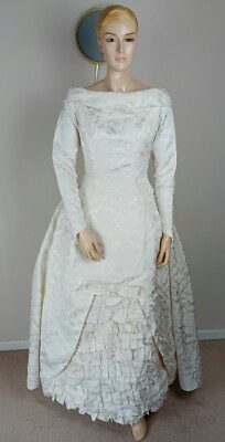 VINTAGE ANTIK 50ER JAHRE GEORGIAN ANTOINETTE LOOK IVORY WHITE BROKAT BRAUTKLEID 6