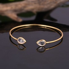 18k Gold Plated Clear Crystal Quartz Bangle 925 Silver Adjustable Bracelet
