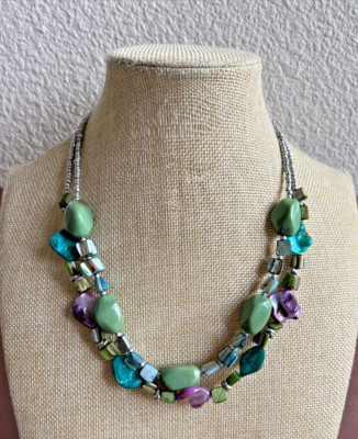 Artisan Made Bead Necklace With Two Tiers Green Teal Purple Art Glass Shapes 18''