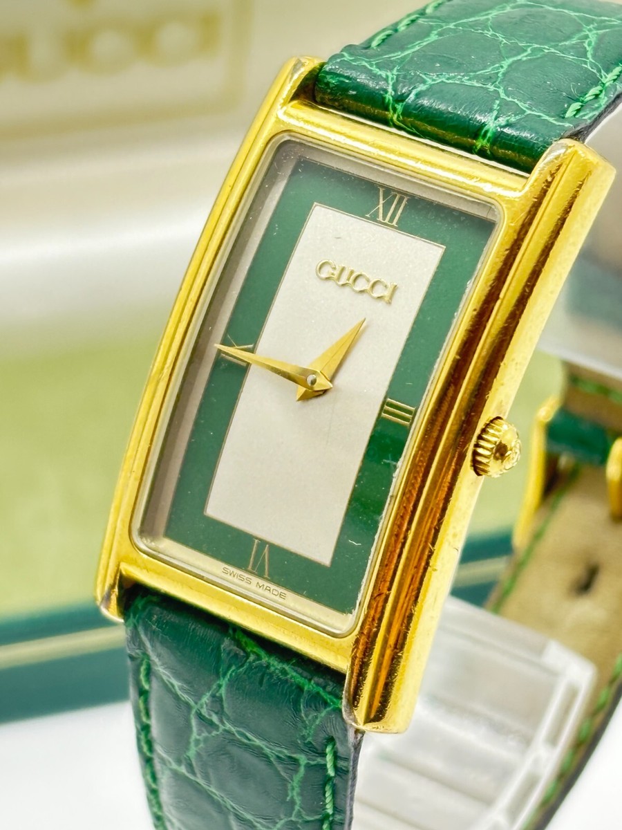 Near Mint w/Box] GUCCI 2600M Gold Plated Green Dial Quartz Men's