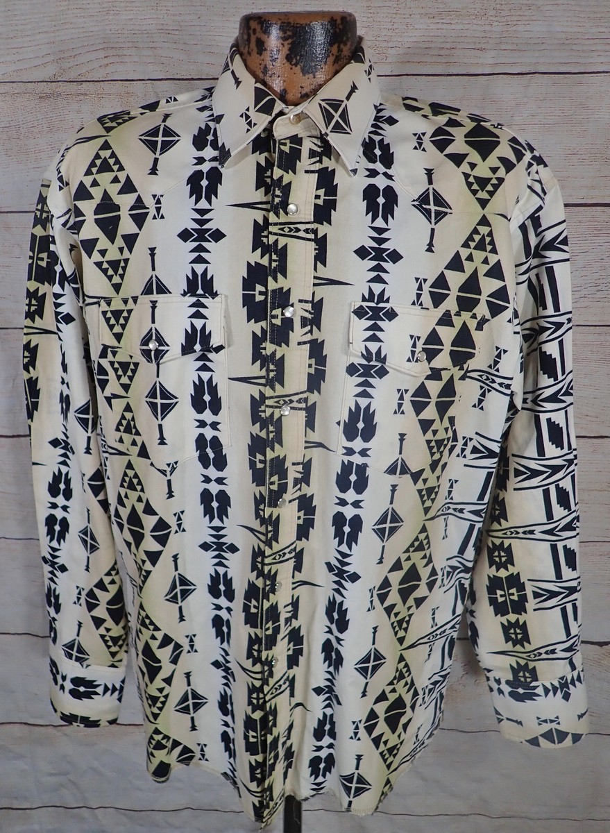 VTG Wrangler Aztec Brushpopper? Western Rodeo Cowboy Shirt Mens L Geometric
