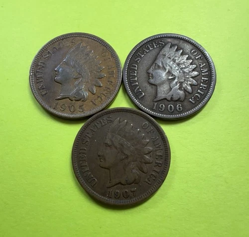 3 - Indian Head Pennies Cents (1905, 1906, 1907) Nice Coins