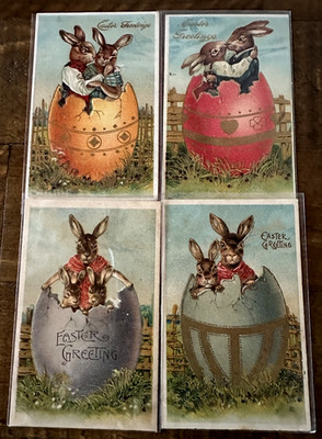 Set of 4 Dressed Rabbits in Eggs~c.1910~Anthropomorphic Fantasy Easter Postcards