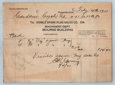 Cardani BILLHEAD Visible Spark Plug Sales Co Machinery Dep Philadelphia 2/4 1921