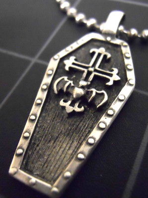 Coffin Necklace Stainless Chain New Vintage Cross Charm Bat Goth Casket Pendant