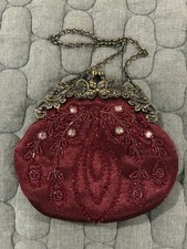 Beaded Cranberry Satin Evening Bag w/ Ornate Metal Frame - Kiss Lock Clasp