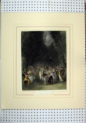 Original alter antiker Druck 1860 Fete Feier tanzend handkoloriert Cousen