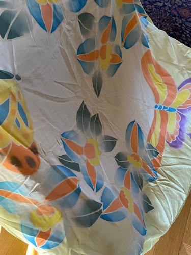 Large Yellow w Big Orange & Purple Butterfly & Flowers Silk Neck Scarf - 42 x 42 - Picture 5 of 9