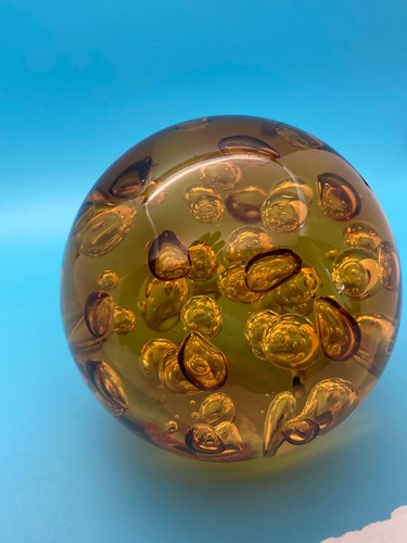 Amber Art Glass Sphere with Interior Bubbles Mid-Century Paperweight 5" - Picture 6 of 8