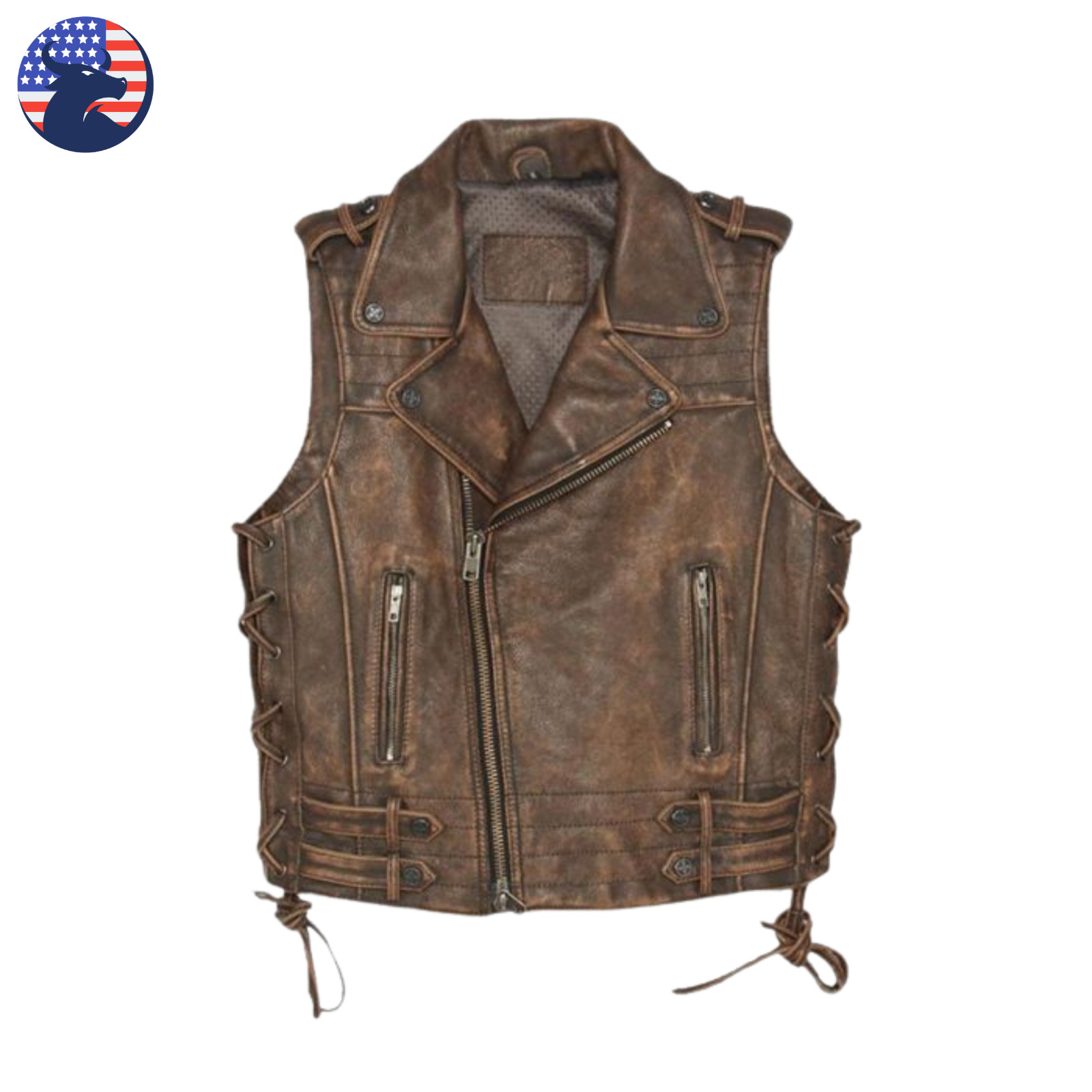 Mens Distressed Brown Leather Biker Vest Vintage Motorcycle Waistcoat Riding