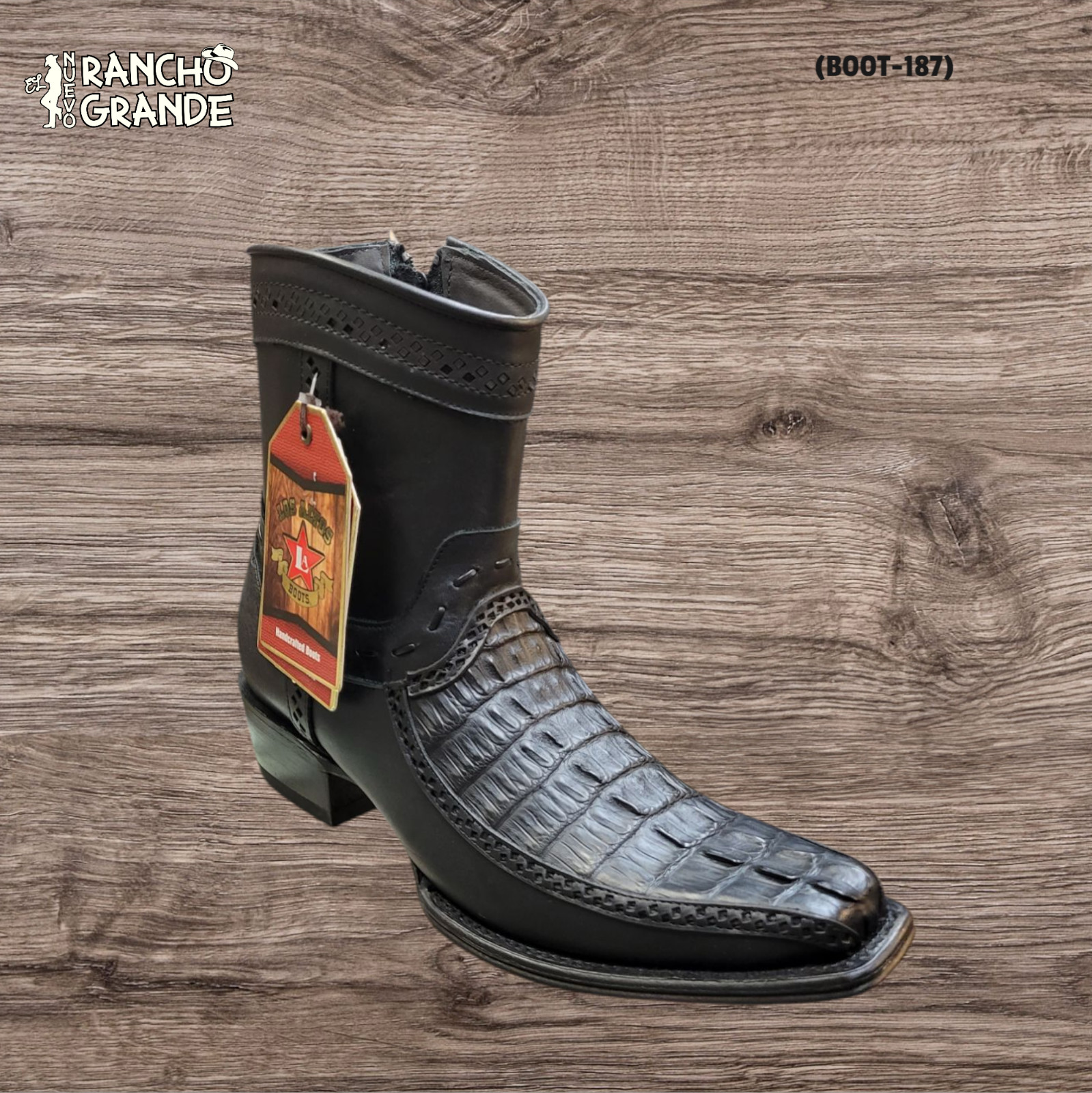 Botas de caña baja punta cuadrada estrecha cola de caimán/ciervo genuinas Los Altos para hombre-negras