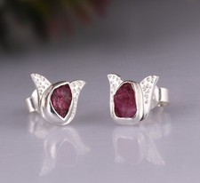 Rough Ruby Gemstone Anniversary Jewelry "925" Sterling Silver Stud Earrings