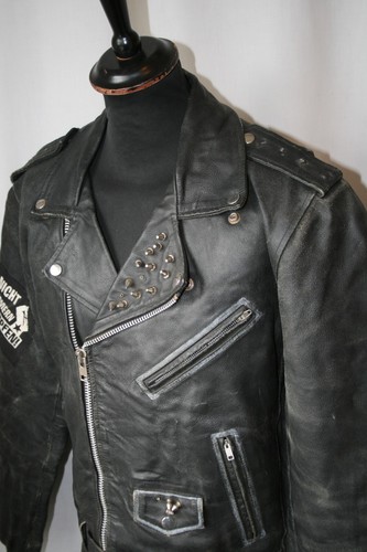 Vtg sexy punk Chaos UK short sharp shock black leather biker jacket XL studs - Picture 6 of 18