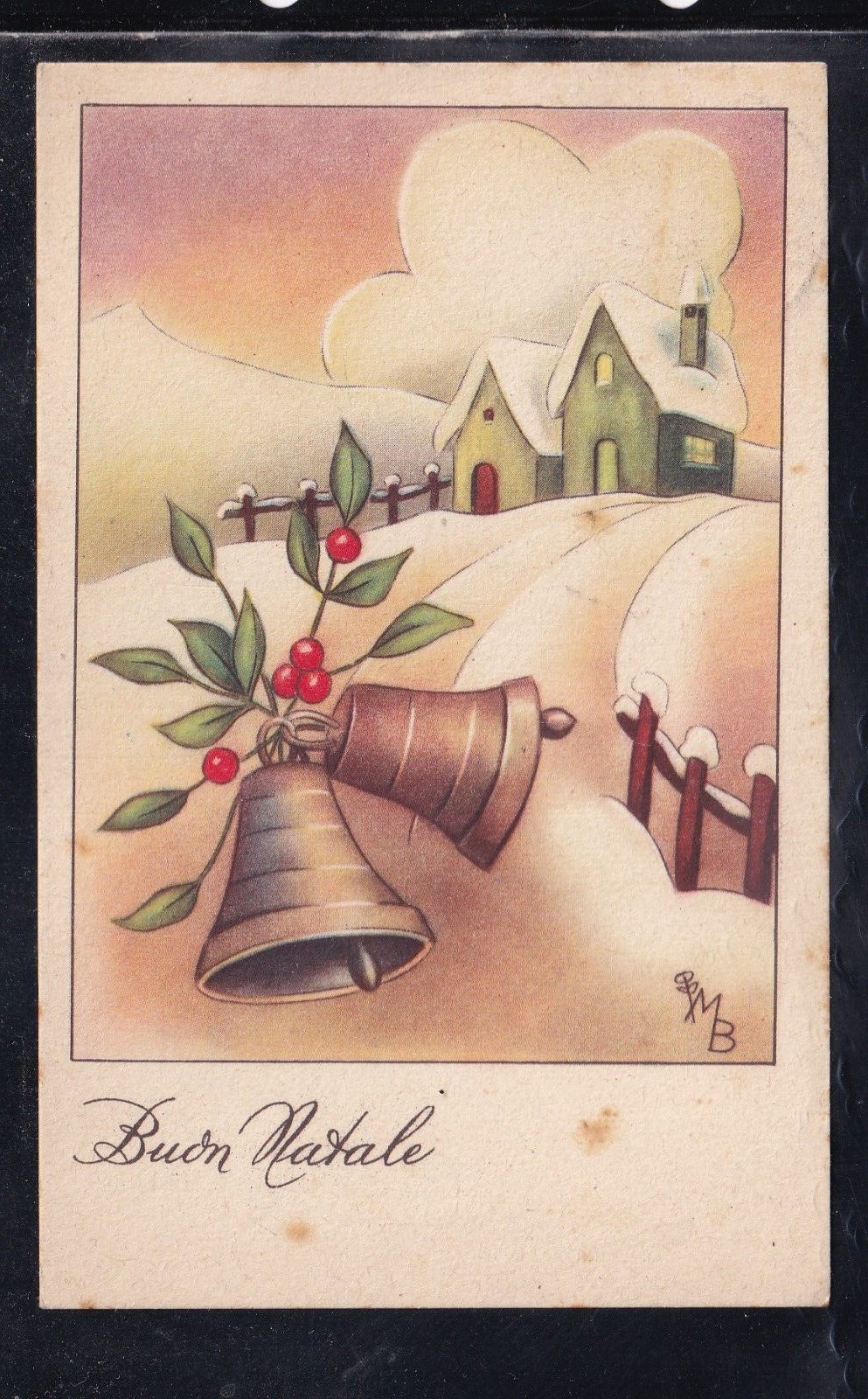 Cartolina Buona Natale Paesaggio Campane illustratore MB Z1288