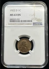 1922 D Lincoln Wheat Penny Cent NGC MS63-BN Mint State High Grade Lots of RED!