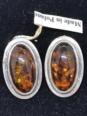 Vintage Sterling Silver 925  Amber Stones Pierced  Earrings Makers Marked