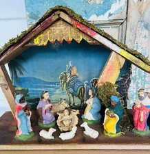 Nativity Set 10 Figures Italy Wood Stable Creche Manger Lights Up Vintage