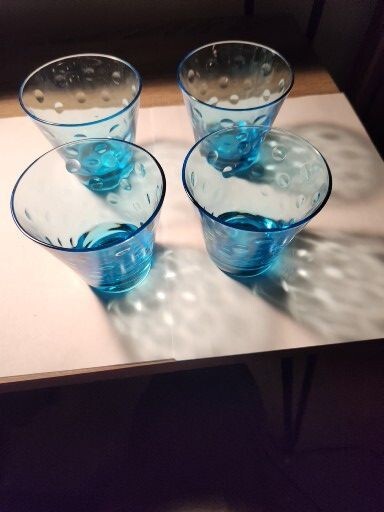 Set of 4 Vintage Hazel Atlas Blue Capri Dot Lowball Rocks Whiskey Glasses