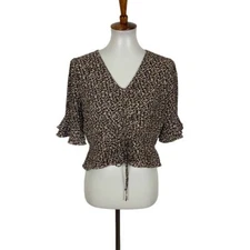 Essue Leopard Print Ruffle Sleeve Ruched Crop Blouse Top Large Trendy Y2K Chic