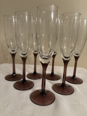 7 Libbey Domaine Champagne Flutes  Clear Glass With Amethyst Purple Stems 9'' T
