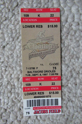 CLEVELAND INDIANS VS ORIOLES 9/9/1997 FULL TICKET ~ BERROA/ANDERSON HRs