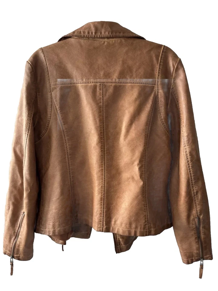 Max Studio 干邑棕色人造皮革摩托夹克,尺寸 L,二手状况完好 — 第 3/4 张图片