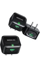 2 Packs MOKIN 20W USB-C Fast Charger Block GaN+ PD 3.0, Super Small 1.5” X 1.5”