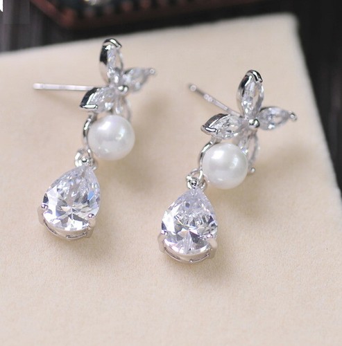 Flower Pearl All Cubic Zirconia CZ Pierced Wedding Party Prom Necklace Earrings - Picture 2 of 5