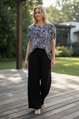 Liz Claiborne Career XL Paisley Blouse Black White Short Sleeve Stretch Top