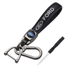 Ford Keychain Genuine Leather Black Chrome Ring Keychain