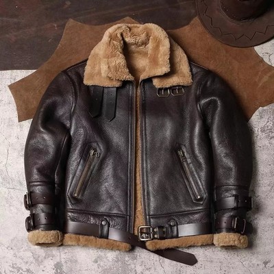Mens B3 RAF Brown Bomber Aviator Aviator Vintage Fur Coat Genuine Leather Jacket-