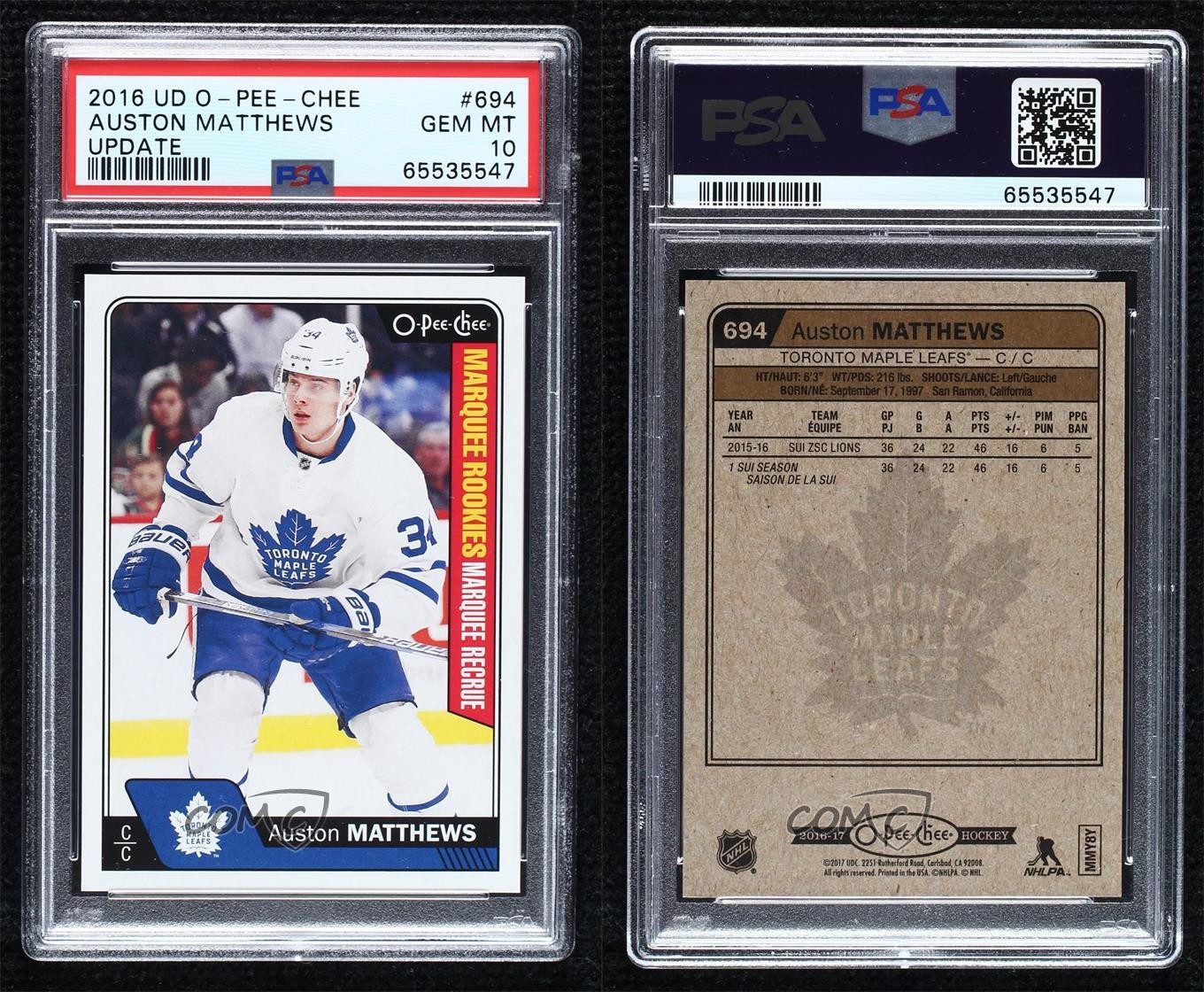 2016-17 Upper Deck O-Pee-Chee Update Auston Matthews PSA 10 GEM MT Rookie RC t4m view 3